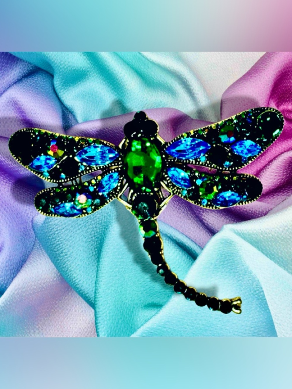 Crystal Dragonfly Brooch - Blue & Green Rhinestones